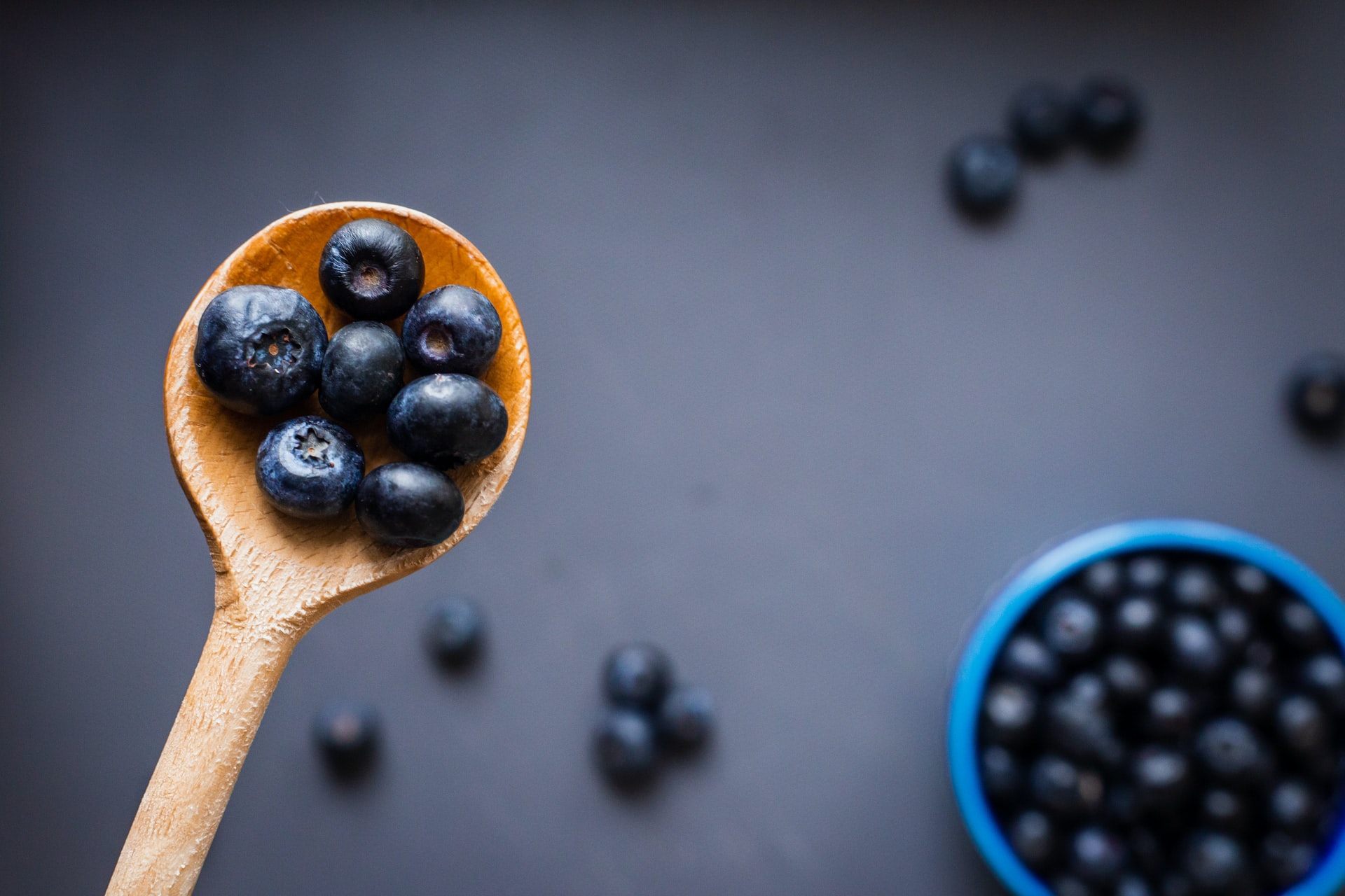 wild blueberries on a wooden spoon